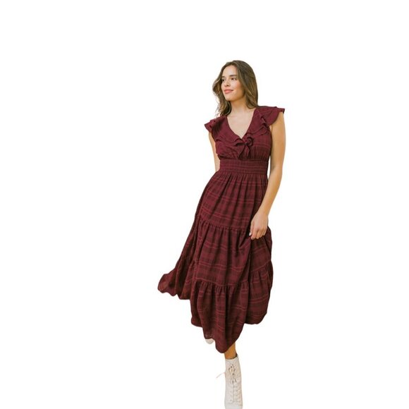 Flying Tomato Never a Dull Woven Midi Dress Tiered Burgundy NWT - Picture 1 of 3